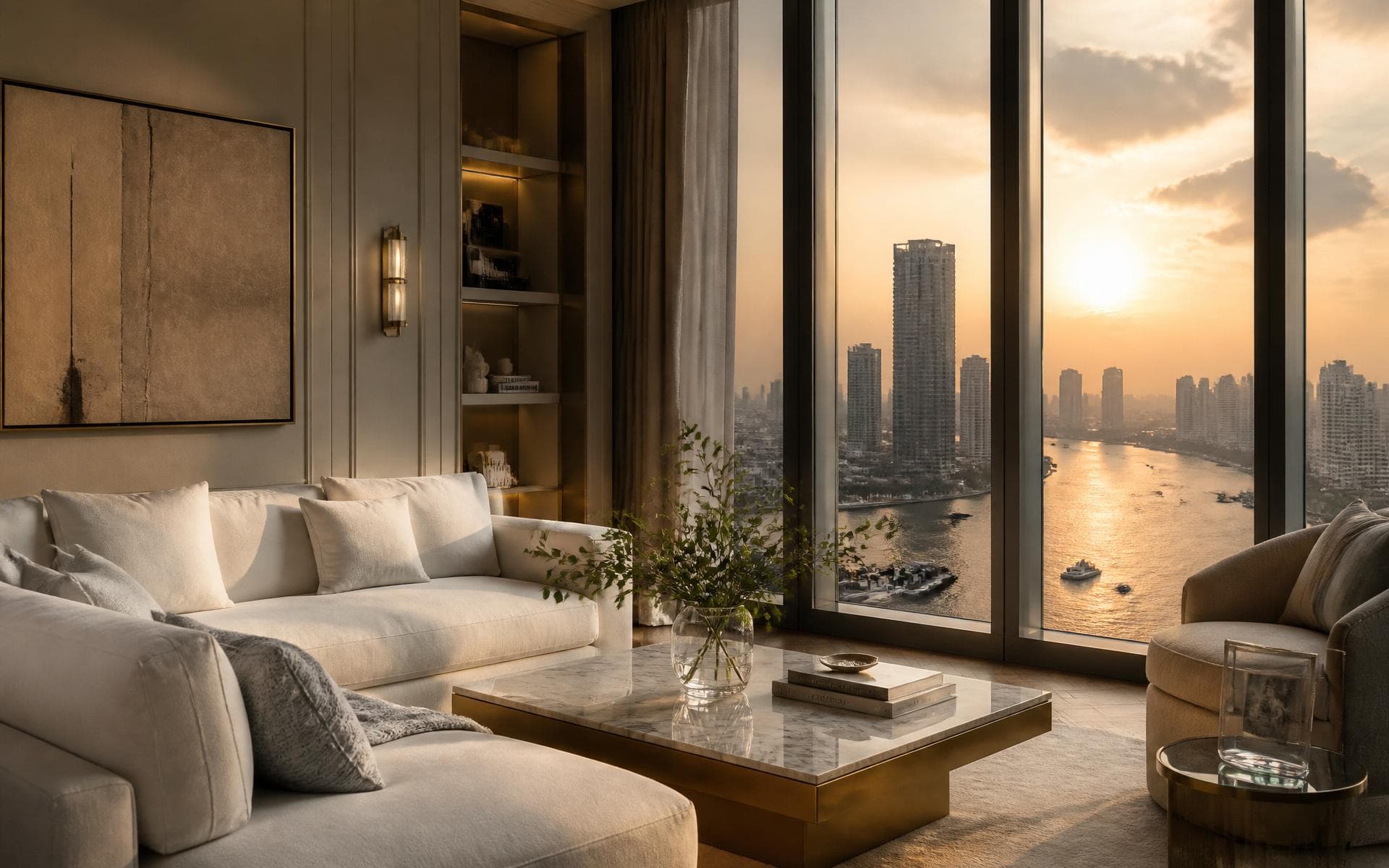 A quiet luxury private residence overlooking the Chao Phraya river at golden hour